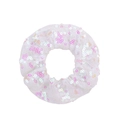 Detail of white mesh scrunchie featuring pink and gold shimmering fishtail sequins - White with Pink-Gold Sequins