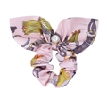 Pink silk satin scrunchie with chain print, rabbit ear bow, and pearl detail - Pink Chain (09)