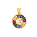 Macro shot of gold-plated circular pendant with rainbow zircon stones and letter K detail - Gold K