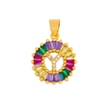 Detailed close-up of circular pendant with letter Y and multi-colored baguette stones - Gold Y