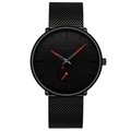 Minimalist men's black quartz watch with red second hand and Milanese mesh strap - Black Band Black Dial Red Hands