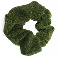 Sparkly dark green scrunchie with metallic glitter thread and ruffled fabric texture - Bud Green