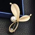 Golden leaf brooch with elegant white pearl and sparkling crystals on navy box - No. 19-Gold Overlapping Leaves