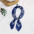 Navy blue paisley satin scarf with elegant white floral patterns and geometric border - 70cm / Blue