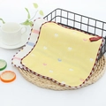 Yellow six-layer cotton hand towel with heart patterns and red wave-stitched edges - Yellow Heart