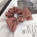 Elegant rose brown scrunchie with crystal rhinestone ring and a large bow detail - Bow with Rhinestone / Brick Red