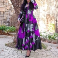 Detail view of the stand collar and purple floral print on the long sleeve A-line dress - Rose Red