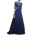 Elegant dark blue long evening gown with lace bodice and pleated mesh skirt - S / Blue