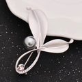 Leaf shaped silver brooch with matte finish, dark grey pearl and sparkling white crystals - No. 20-Silver Matte Black Pearl Leaf