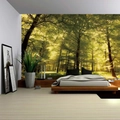 Modern bedroom featuring a large forest landscape tapestry with sunlight through green trees - Forest 9