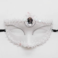 White Venetian masquerade mask with lace trim, sequins and a central diamond gem - White