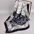Detailed view of navy blue and white paisley pattern satin silk square scarf texture - 90cm*90cm / Navy Blue