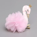 Pince à cheveux cygne rose pour filles avec paillettes et fleur en mesh sur métal doré - Cygne à Fleur en Gaze Rose (Barrette)