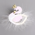 Pink swan hair clip for girls with white feathers and golden sequin crown detail - White Feather Swan (Hair Clip)