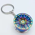 Rainbow oil slick finish metal alloy car wheel rim keychain with polished ring - 35mm Rainbow Wheel Rim