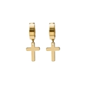 Polished golden stainless steel hoop earrings with hanging cross charm for men and women - Clip-On Earrings / Gold