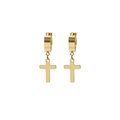 Pair of polished gold stainless steel cross pendant hoop earrings for men and women - Ear Buckle / Gold