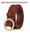 Light brown PU leather belt for women with a gold round buckle for casual jeans - Round Gold Buckle / Tan