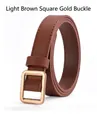Women's minimalist light brown PU leather belt featuring a square gold buckle - Square Gold Buckle / Tan
