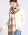 Close-up of a plaid scarf with fringes featuring beige and camel colors on a model - Beige and Camel Plaid