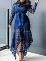 Detail of navy blue lace dress with intricate hollow-out patterns and waist tie belt - Blue
