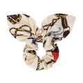 Silk satin bow hair scrunchie with pearl pendant and classic chain pattern on beige base - Beige Chain Rope Style (04)