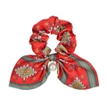 Retro Haargummi aus Satin in Rot mit Blumendruck und elegantem Perlenanhänger - Rot Vintage Druck (05)
