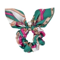 Detail view of pearl pendant and floral chain pattern on the scrunchie bow hair tie - Green Pink Beige Chain Floral Style (14)