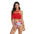 Two-piece bikini with red halter top and floral high-waist bottom for beach vacation - S / Red