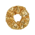 Sparkly gold sequin hair scrunchie with fish scale texture on a clean white background - Light gold