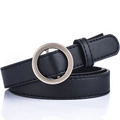 Classic black PU leather thin belt for women featuring a matte silver round pin buckle - Round Silver Buckle / Black