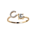 Adjustable gold open ring featuring a sparkling crystal letter C and round solitaire diamond - Letter C / Silver
