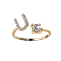 Adjustable gold open ring featuring a sparkling pavé Letter U and a single round zircon - Letter U / Adjustable Open / Silver
