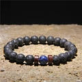 Men's yoga energy bracelet with black volcanic lava stones and blue lapis lazuli bead - Black Lava Rock + Blue Lapis Lazuli + Copper Spacers (FD0178)