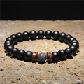 Black matte beaded bracelet with volcano stone and coconut wood beads on a natural rock - Matte Black Beads + Grey-Black Sparkle Bead + Wood (FD0181)