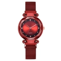 Elegant wine red women's quartz watch with diamond-cut glass and Milanese magnetic band - Red