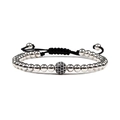 Woven bracelet with silver metal beads and black pavé zircon sphere on adjustable cord - Silver