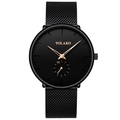 Minimalist men's black mesh band watch with gold hands and markers by YOLAKO - Black Band Black Dial Rose Gold Hands