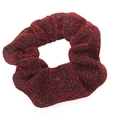Deep wine red scrunchie featuring shimmering metallic thread fabric with elastic band - Red