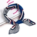 Silk-like square neck scarf with blue red and black geometric stripes on white background - Wave Blue
