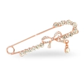 Rose gold bow brooch with sparkling rhinestones and a round pendant on white background - No. 33-Rose Gold Bow Pendant Pin