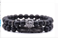 Men's matte black beaded bracelet set with silver lion head and cross metal tube - Lion Head Set of 2 Bracelets / Matte Black (Lion Head)