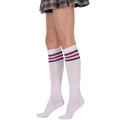 White knee-high socks with red and blue stripes in a retro preppy athletic style - One Size / White with Red and Blue Stripes