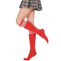 Red knee high socks with white stripes in athletic prep school style worn with plaid skirt - One Size / Red with White Stripes