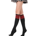 Knee-high black athletic socks featuring three red stripes at the top in a collegiate style - One Size / Black with Red Stripes