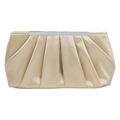 Elegant pleated champagne satin clutch evening bag with silver metal clasp on white background - Apricot