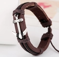Retro multilayer woven leather bracelet with silver anchor charm in deep brown finish - Brown