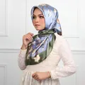 Light blue floral satin hijab square scarf with olive green border for women - #40 Green Butterfly Floral