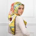 Floral print headscarf in lemon yellow with red flowers and silk-like finish - #19 Yellow Floral