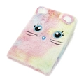 Rainbow plush cat notebook featuring detailed embroidery and a blue heart gemstone decoration - Cat Shape / A5 / Pink Rainbow